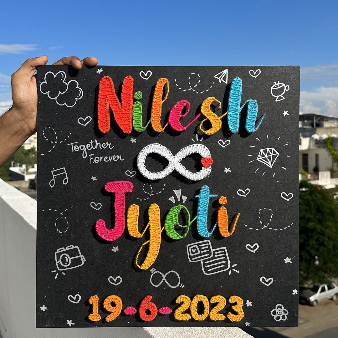 Personalized String Art Infinite Bond Mdf Wood Name Plate For Couples - Handheld Front View Showing Personalization