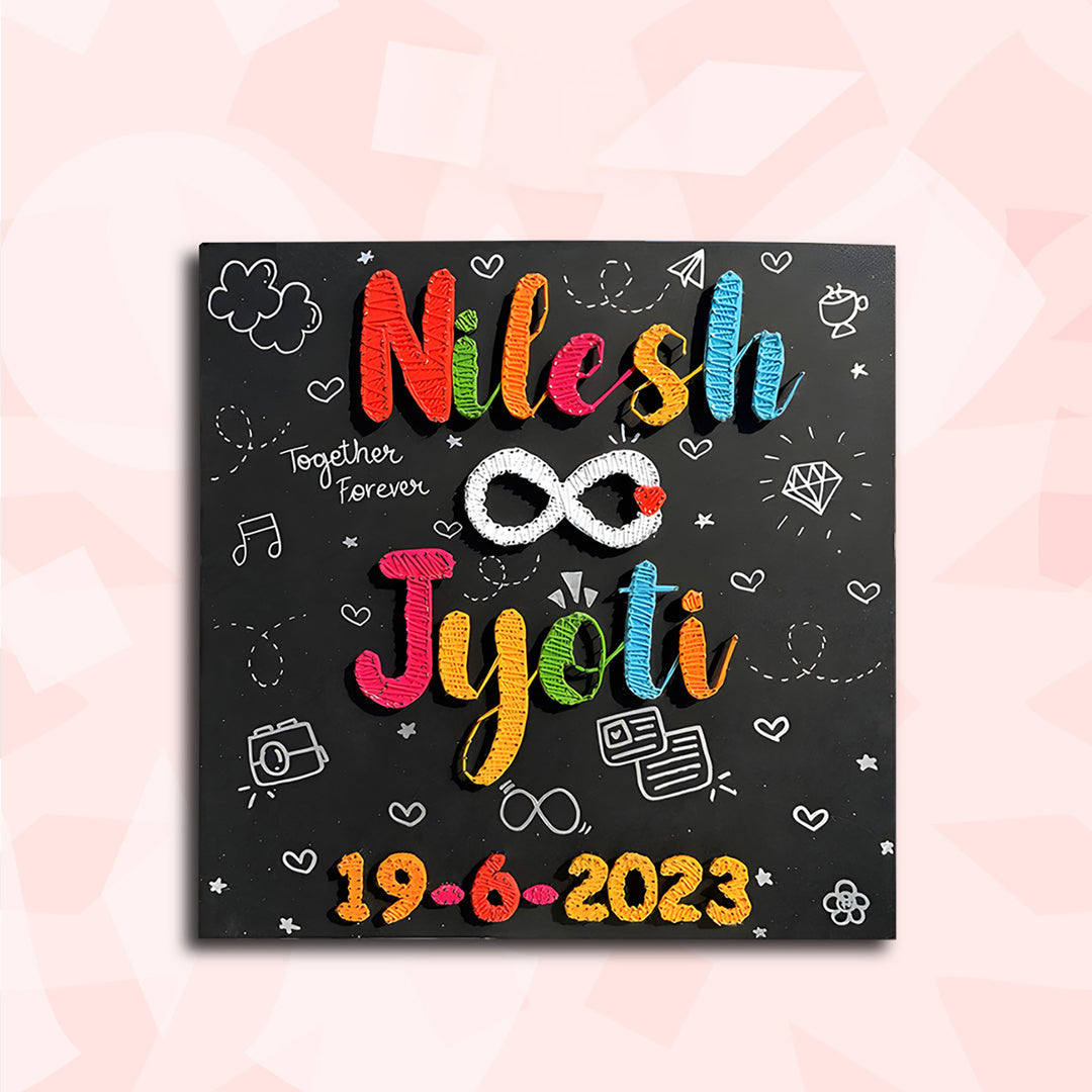 Personalized String Art Infinite Bond Mdf Wood Name Plate For Couples - Front View with Names and Date Display
