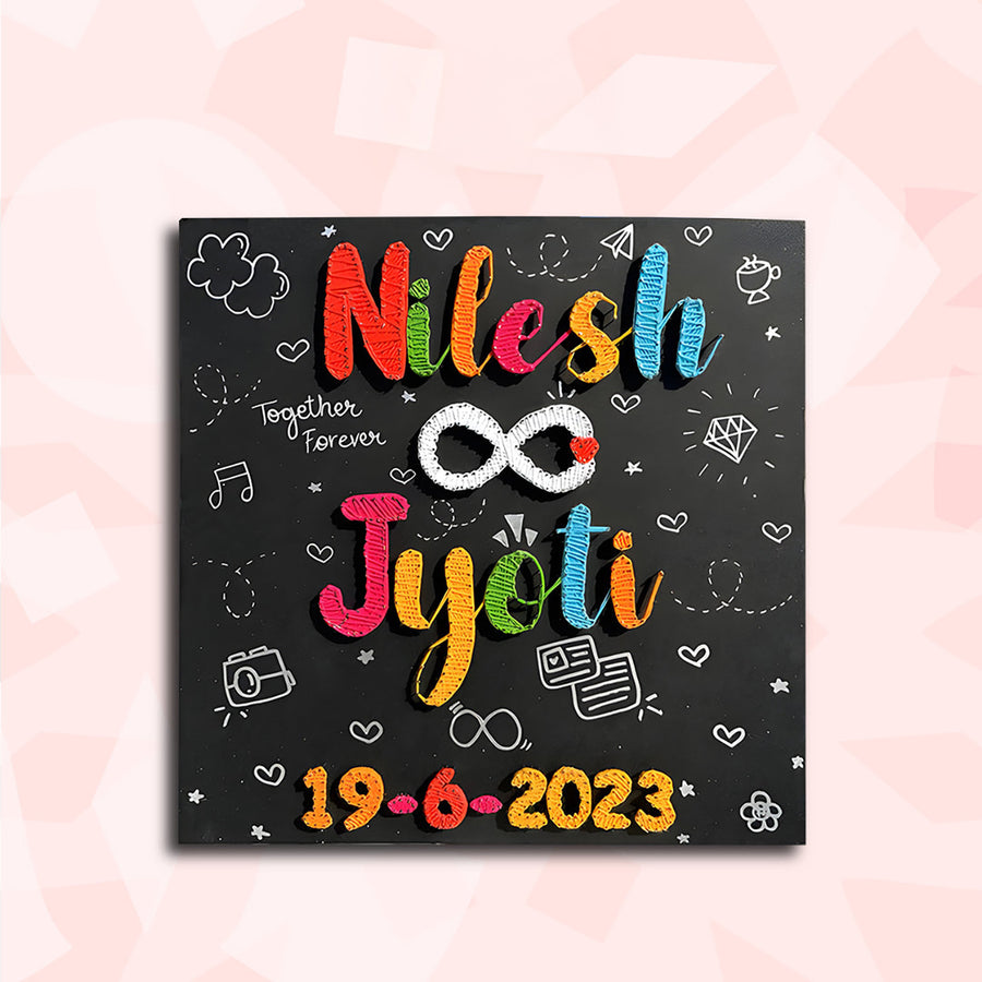 Personalized String Art Infinite Bond Mdf Wood Name Plate For Couples - Front View with Names and Date Display