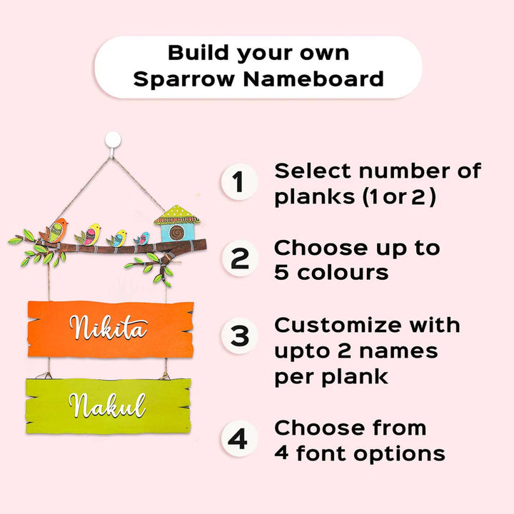 Personalized Hand Painted Sparrow Plank Name Plate - Customization Instructions with Example Display