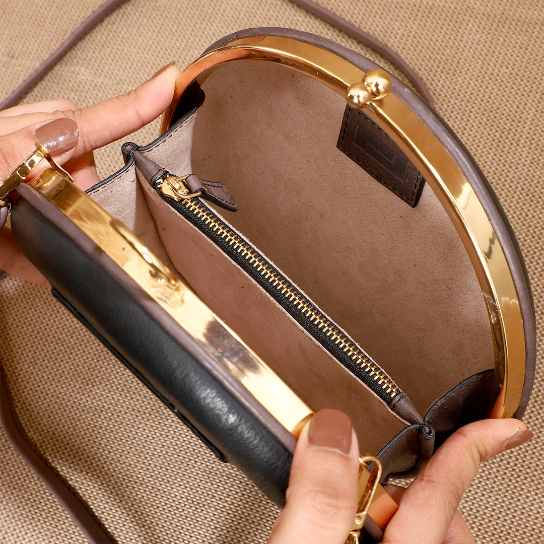 Personalized Black Round Leather Clutch With Sling