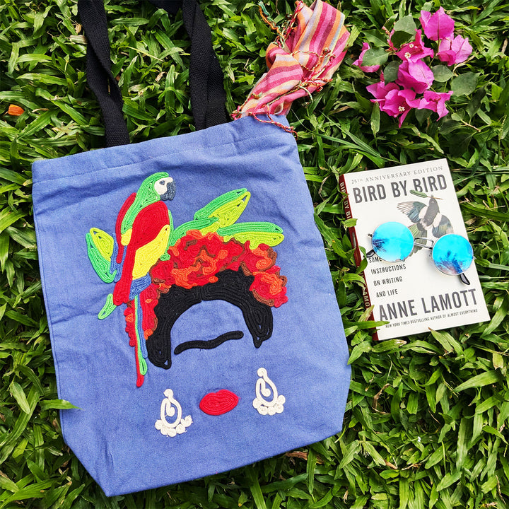 Hand-Embroidered Dori Work Frida Kahlo Tote Bag