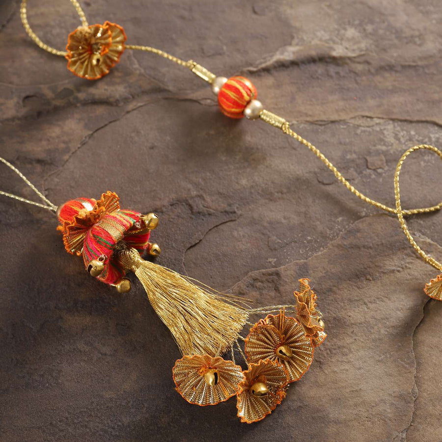 Handmade Beaded Jhilmil Gota And Zari Bhaiya Bhabhi Rakhi With Roli Chawal Set Of 2 - Close-up Detail View