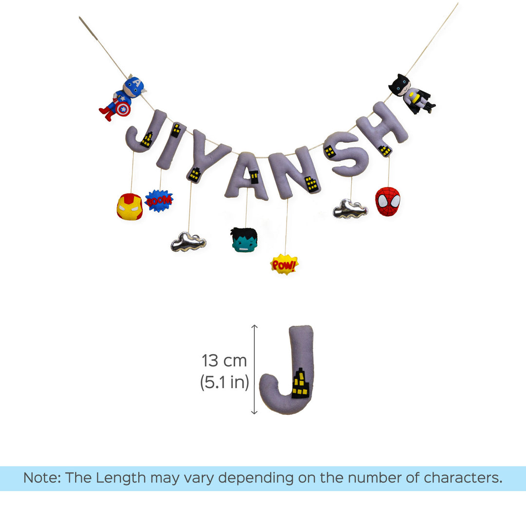 Handcrafted Personalized Themed Bunting For Kids Superhero - Name Personalization Example with Dimensions
