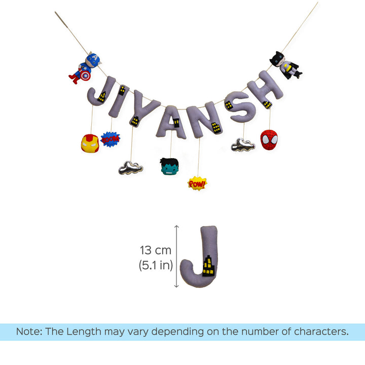 Handcrafted Personalized Themed Bunting For Kids Superhero - Name Personalization Example with Dimensions