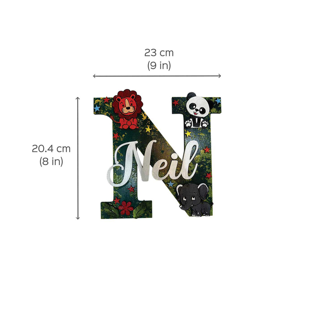 Handcrafted Personalized Kids Jungle Themed Monogram Mdf Nameplate - Dimension Chart with Name Personalization
