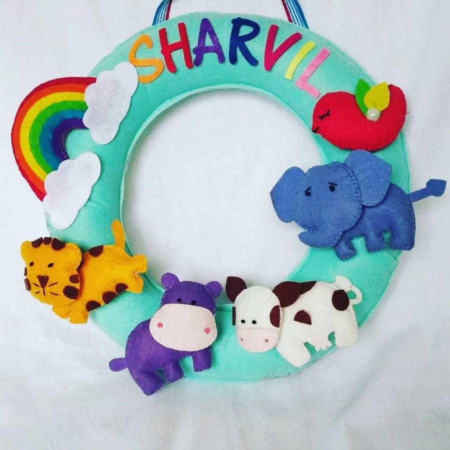 Personalized Handmade Round Jungle Non Stuffed Felt Nameplate - Front View with Name Personalization