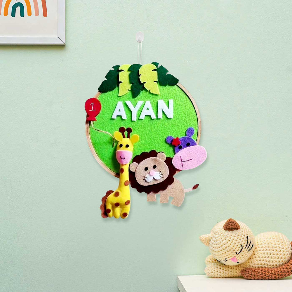 Personalized Jungle Theme Felt Hoop Name Plate 2 - Mounted on Wall with Name Personalization