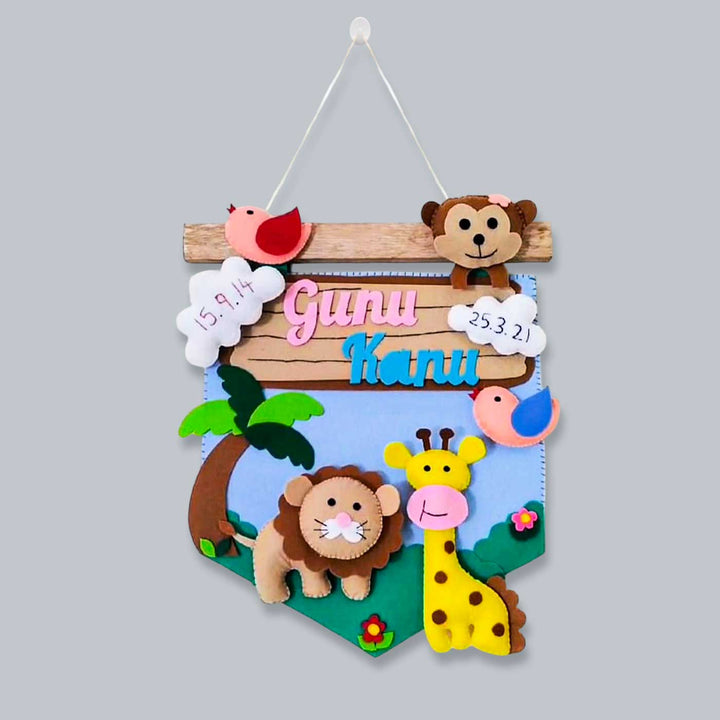 Personalized Jungle Theme Felt Kids Name Plate 2 - Hanging from String Hook