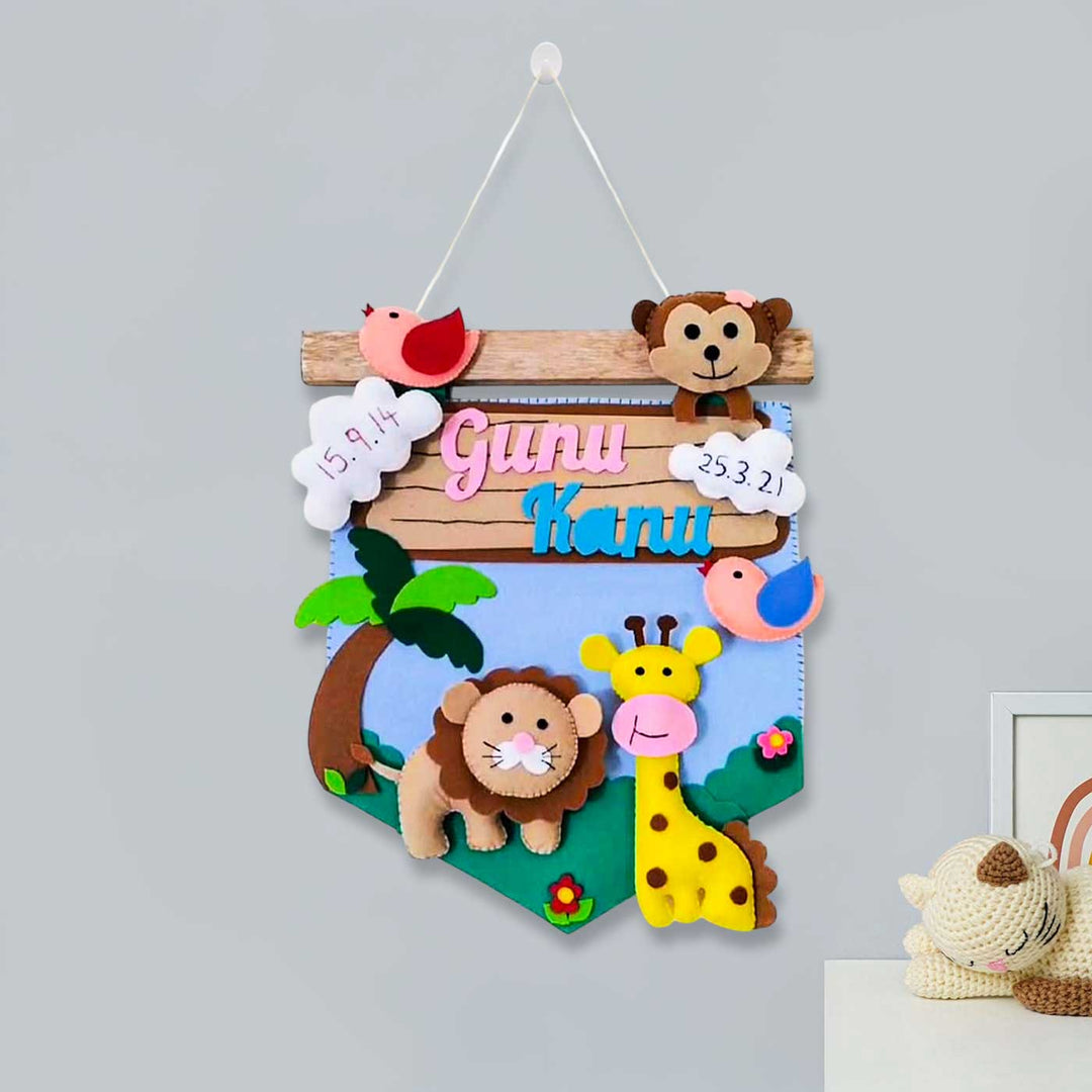 Personalized Jungle Theme Felt Kids Name Plate 2 - Hanging Wall Decoration Front View