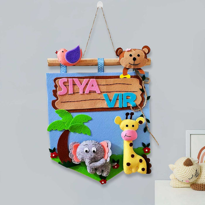Personalized Jungle Theme Felt Kids Name Plate 2 - Front View Hanging on Wall