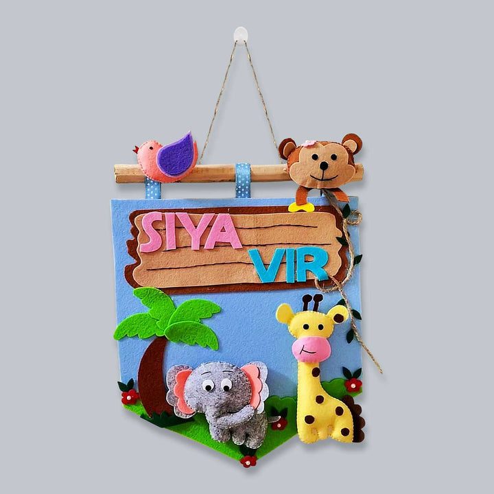 Personalized Jungle Theme Felt Kids Name Plate 2 - Front View Hanging on Hook