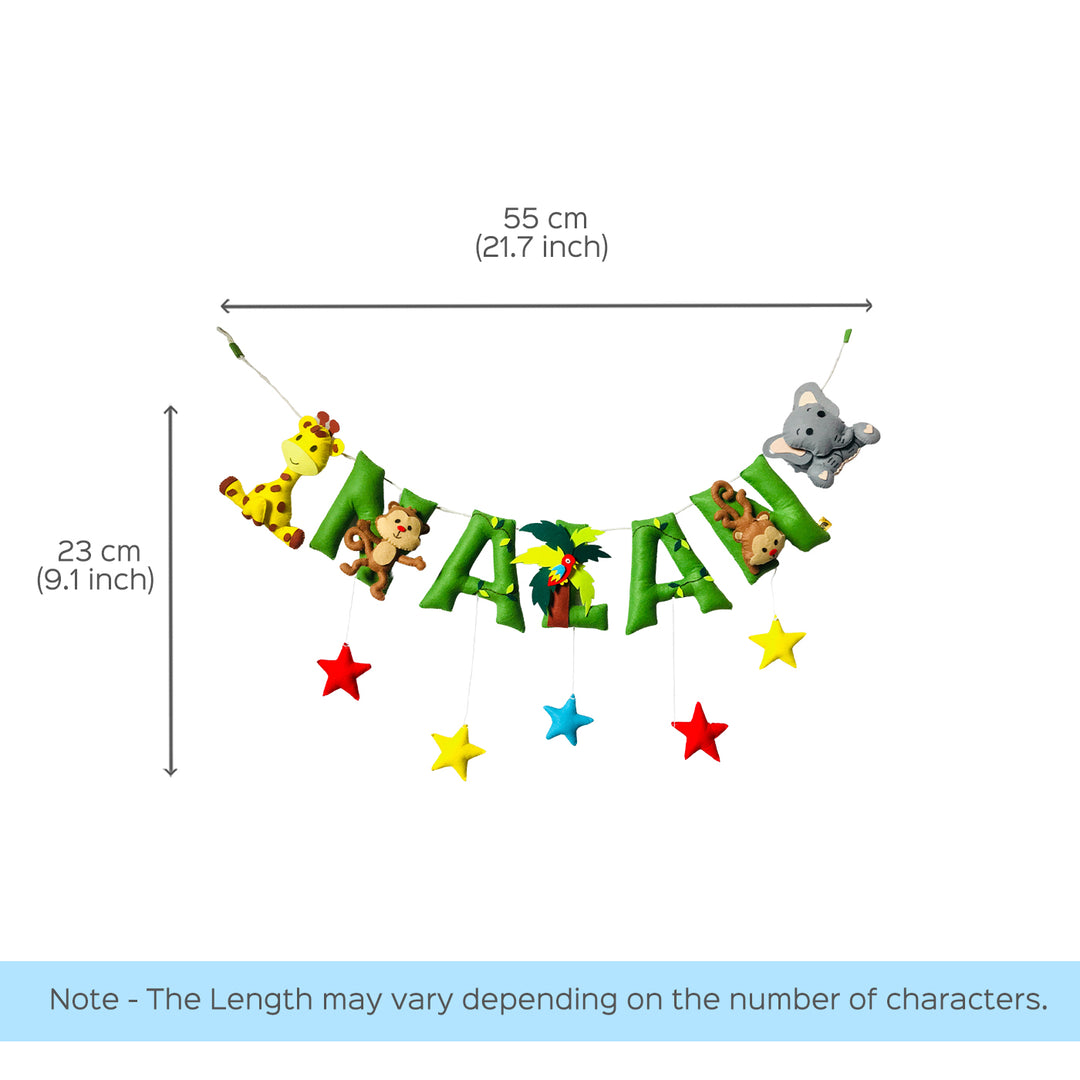 Handcrafted Personalized Jungle Safari Themed Bunting For Kids - Dimension Chart with Hanging View