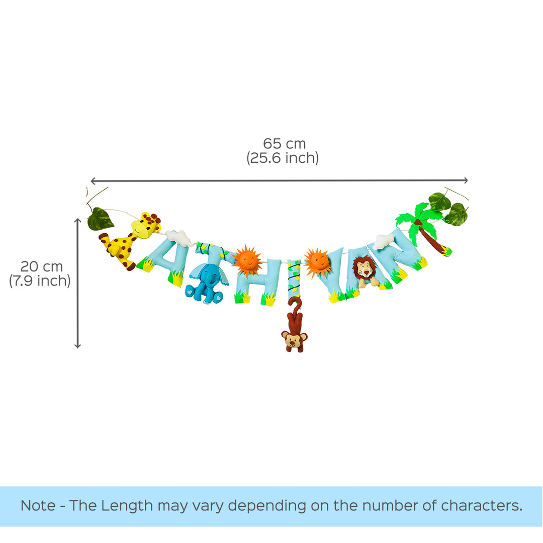 Handcrafted Personalized Jungle Themed Bunting For Kids - Dimension Chart with Hanging Display