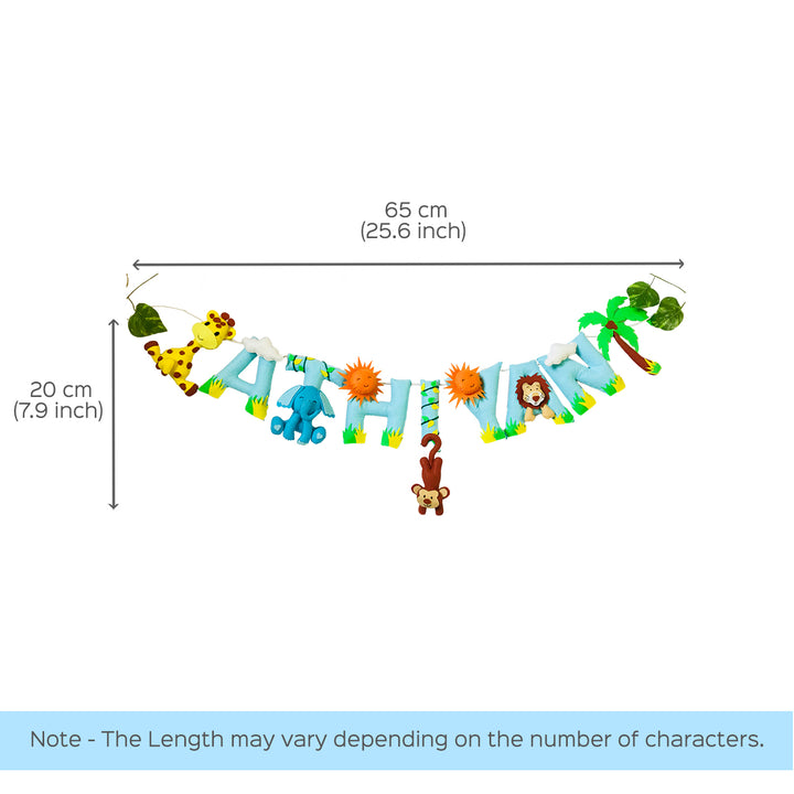 Handcrafted Personalized Jungle Themed Bunting For Kids - Dimension Chart with Hanging Display