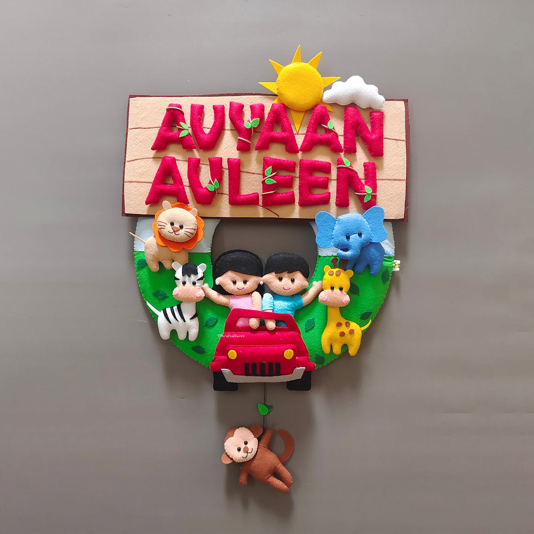 Hand Stitched Jungle Themed Felt Kids Name Plate 1 - Front View Hanging Wall Decoration