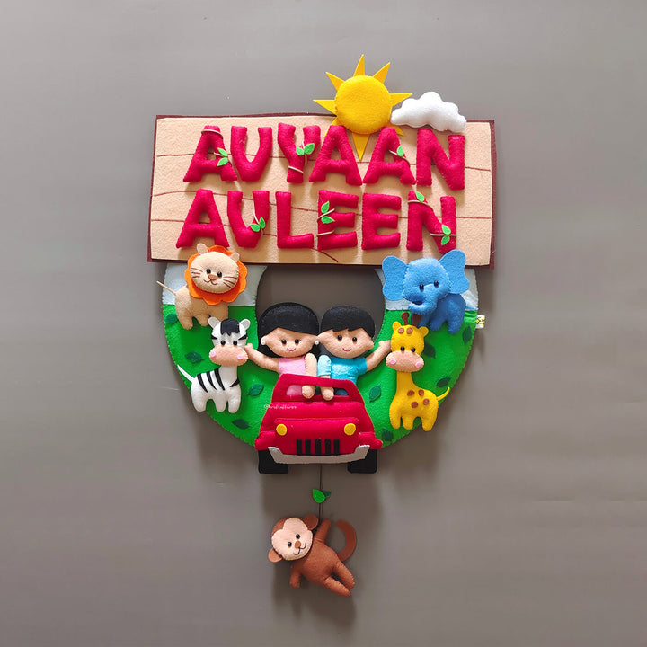 Hand Stitched Jungle Themed Felt Kids Name Plate 2 - Front View with Name Personalization