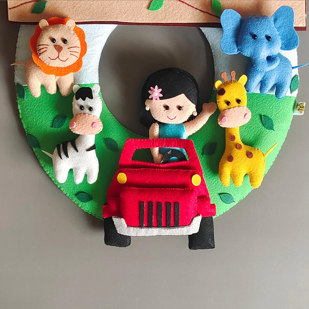 Hand Stitched Jungle Themed Felt Kids Name Plate 2 - Front View Close-up of Toy Wreath
