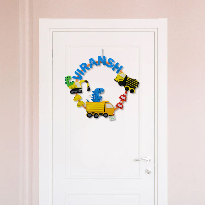 Personalized Kids Theme Felt Hoop Name Plate - Mounted on Door Front View