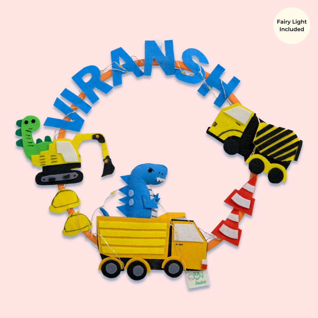 Personalized Kids Theme Felt Hoop Name Plate - Front View Hanging Decorative Garland