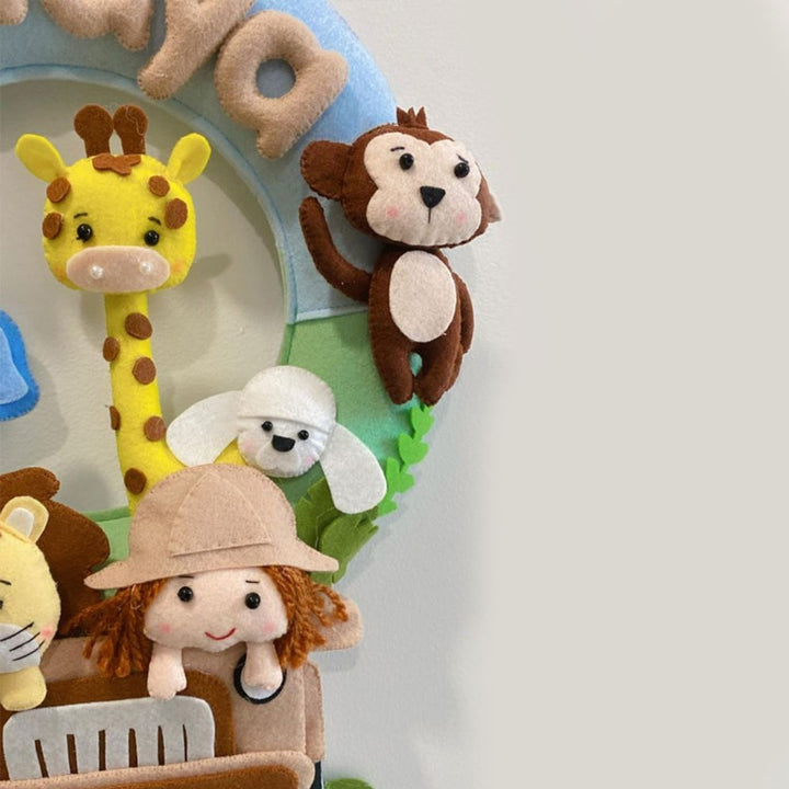 Personalized Kids Theme Felt Hoop Name Plate 10 - Partial Close-up Showing Animal Characters