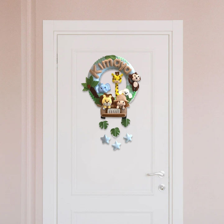 Personalized Kids Theme Felt Hoop Name Plate 10 - Hanging on White Door Front View