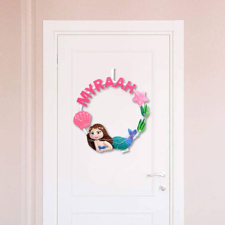 Personalized Kids Theme Felt Hoop Name Plate 3 - Hanging on Door Front View