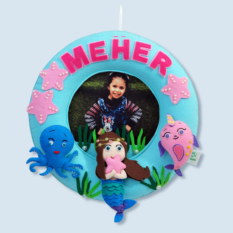 Photo Personalized Kids Mermaid Theme Felt Nameplate - Front View with Name Personalization