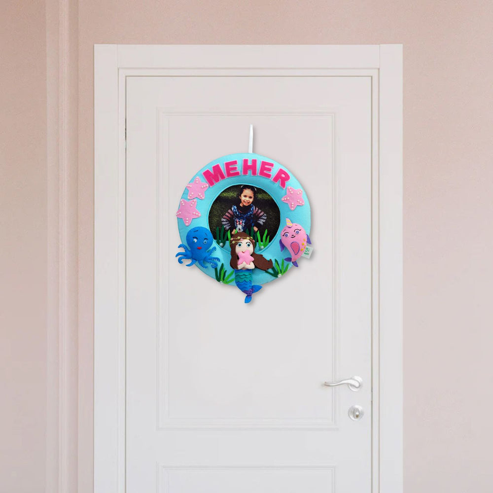 Photo Personalized Kids Mermaid Theme Felt Nameplate - Hanging on Door Front View