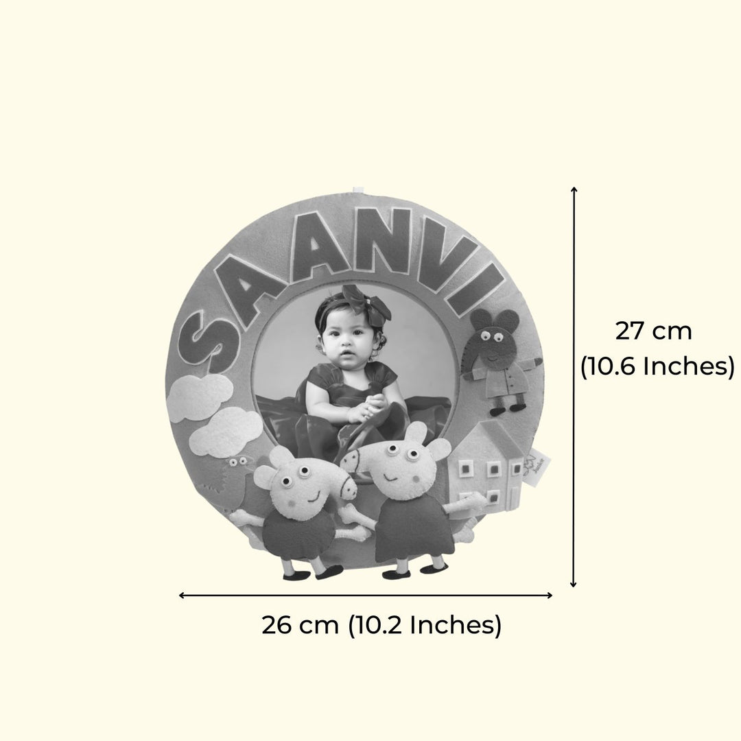 Photo Personalized Kids Peppa Pig Theme Felt Nameplate - Front View with Dimensions