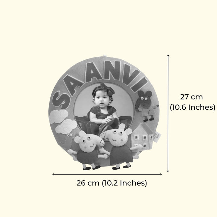 Photo Personalized Kids Peppa Pig Theme Felt Nameplate - Front View with Dimensions