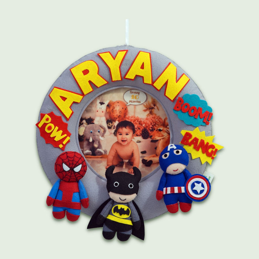 Photo Personalized Kids Superhero Theme Felt Nameplate - Hanging with Personalized Name and Toys