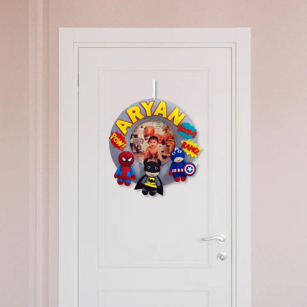 Photo Personalized Kids Superhero Theme Felt Nameplate - Hanging on Door Showing Personalization