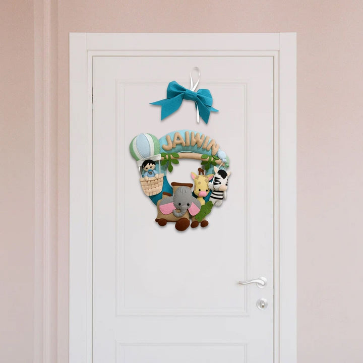 Personalized Kids Jungle Themed Round Felt Nameplate - Hanging on Door with Ribbon