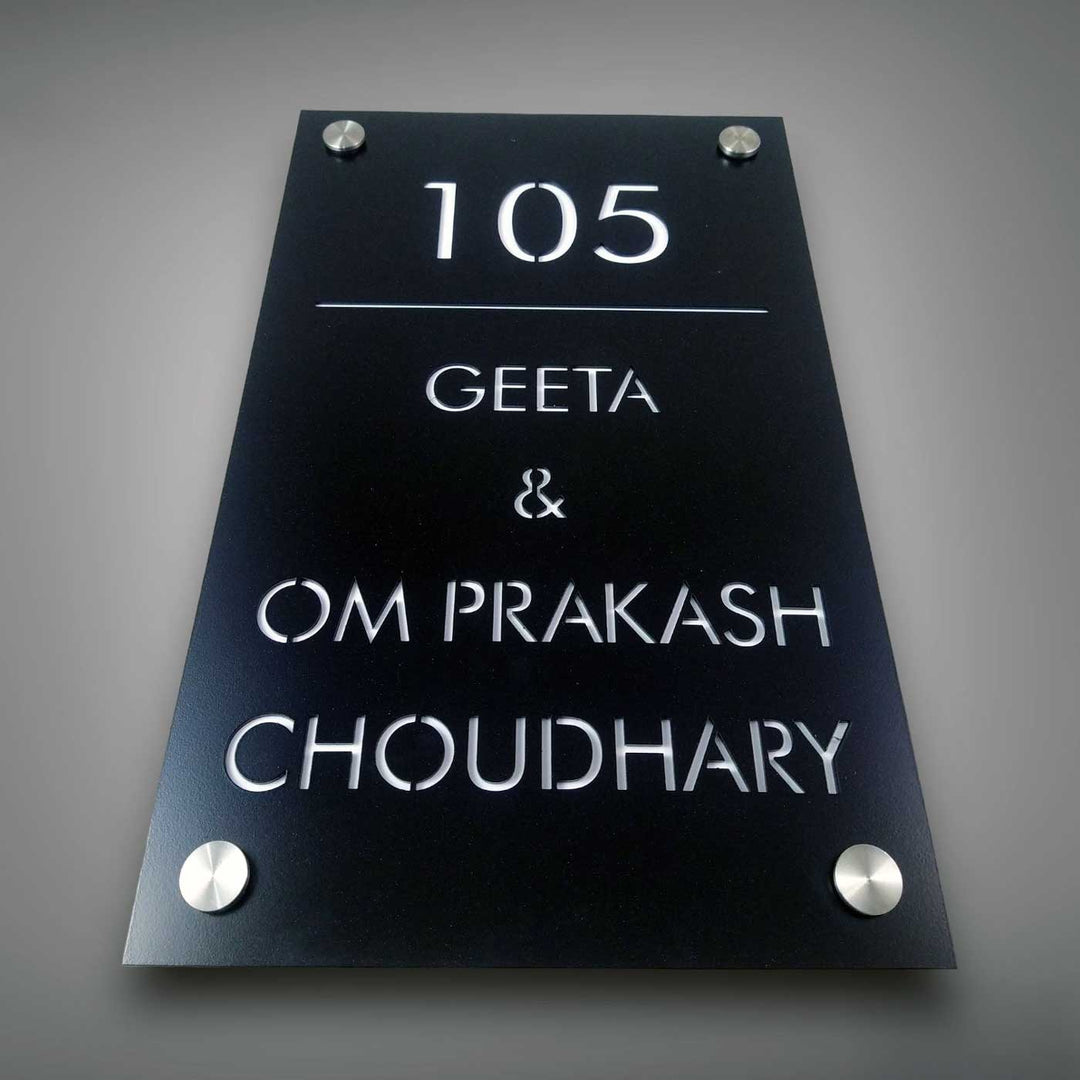 Personalized Sleek Black Acrylic Vertical Name Plate - Front View with Wall Mounting Screws