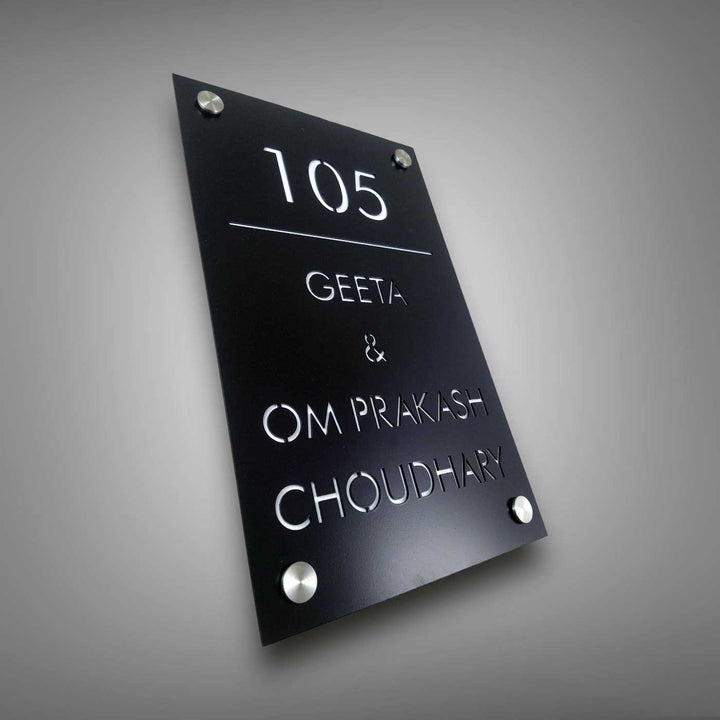 Personalized Sleek Black Acrylic Vertical Name Plate - Angled Wall Mount Close-up