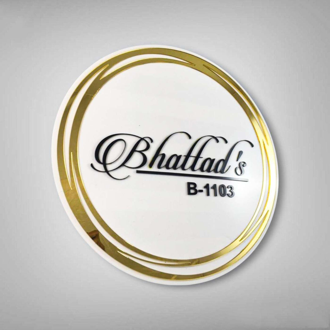 Personalized Round White And Gold Acrylic Name Plate - Angled Wall Mounted View
