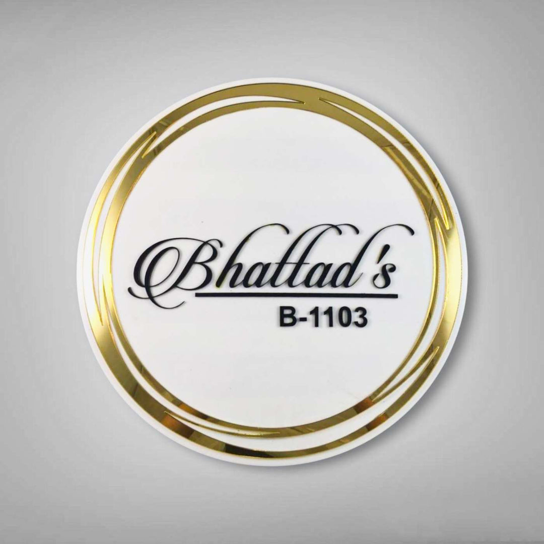 Personalized Round White And Gold Acrylic Name Plate - Front View with Name Personalization