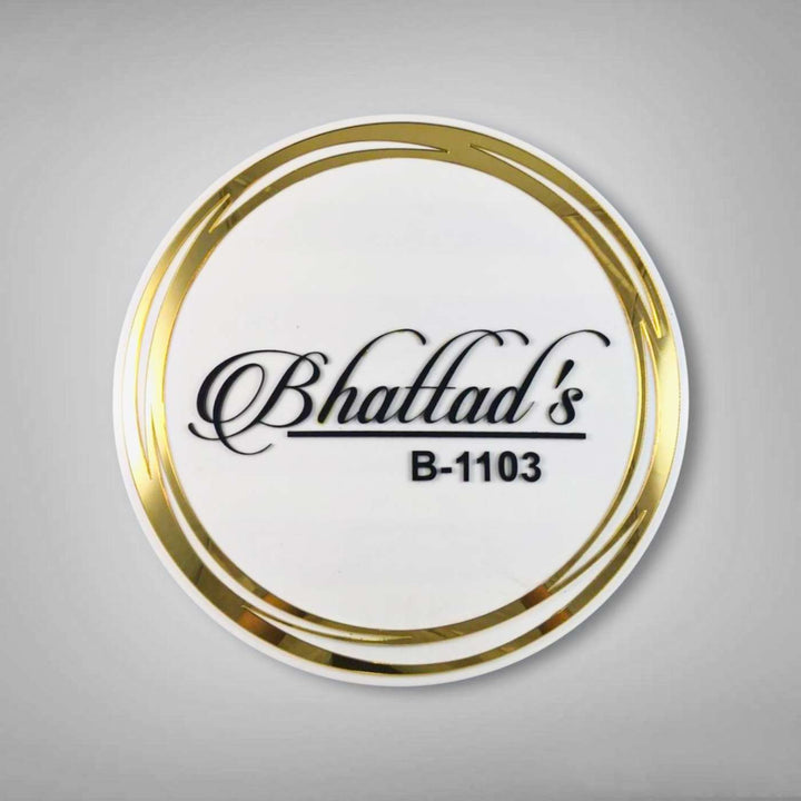 Personalized Round White And Gold Acrylic Name Plate - Front View with Name Personalization