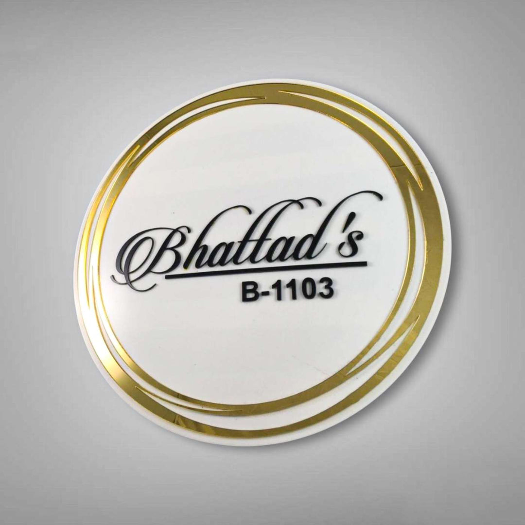 Personalized Round White And Gold Acrylic Name Plate - Front View on Plain Background