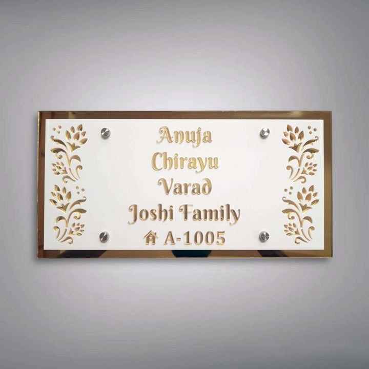 Personalized White And Gold Floral Theme Acrylic Name Plate - Front View with Name Personalization