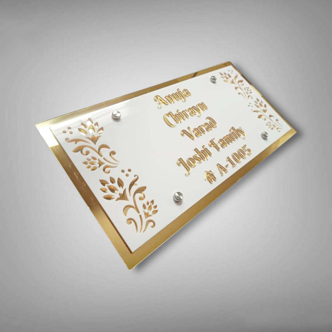 Personalized White And Gold Floral Theme Acrylic Name Plate - Angled Front View on Surface