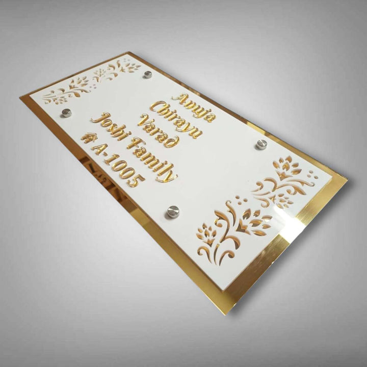 Personalized White And Gold Floral Theme Acrylic Name Plate - Angled View Showing Thickness