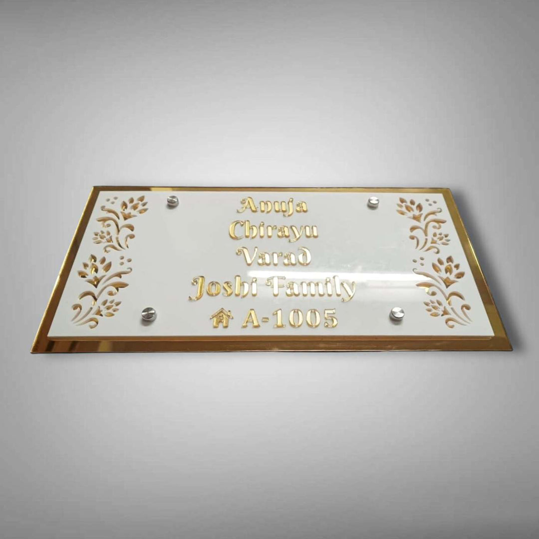 Personalized White And Gold Floral Theme Acrylic Name Plate - Front View with Wall Mounting Screws