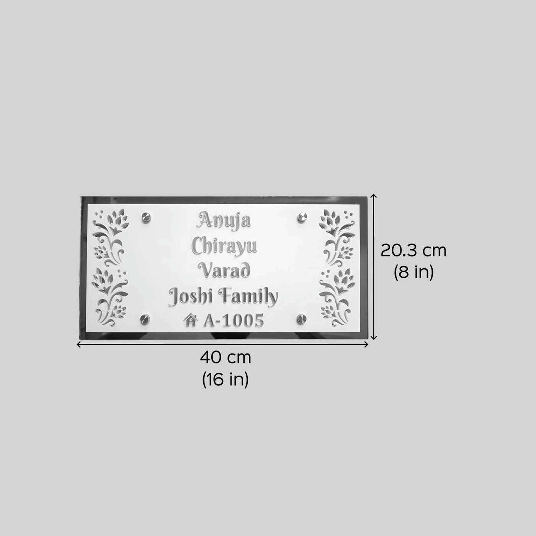 Personalized White And Gold Floral Theme Acrylic Name Plate - Dimension Chart with Text Layout
