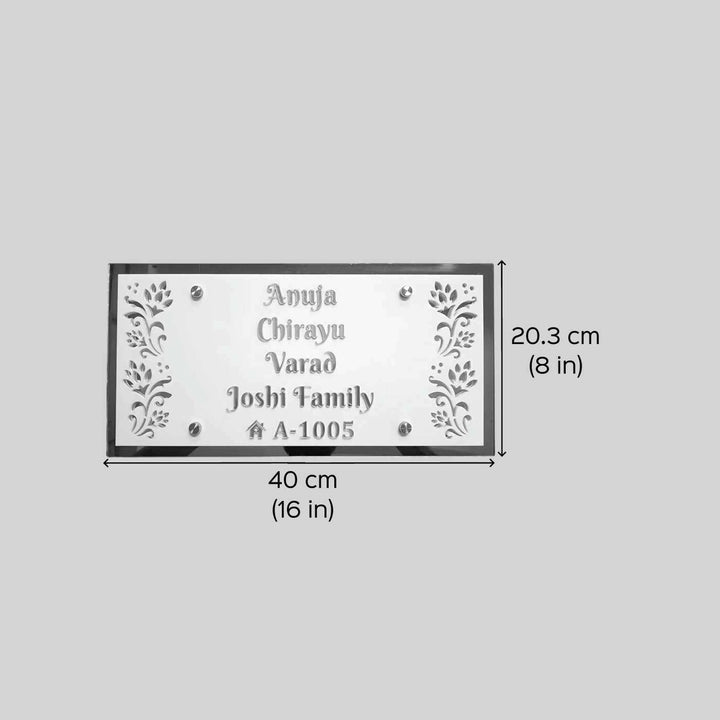 Personalized White And Gold Floral Theme Acrylic Name Plate - Dimension Chart with Text Layout