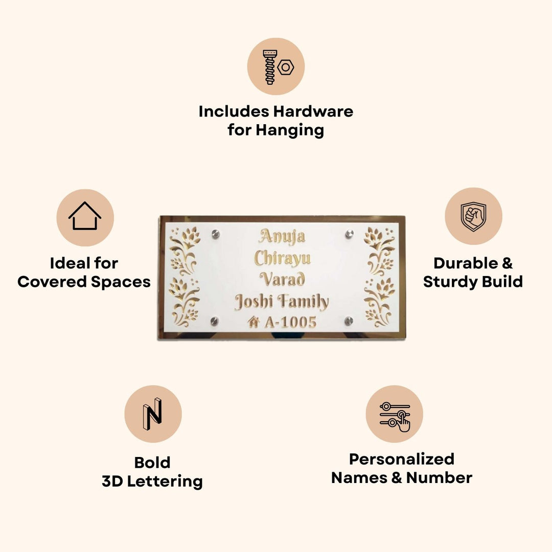 Personalized White And Gold Floral Theme Acrylic Name Plate - Front View with Personalization Example
