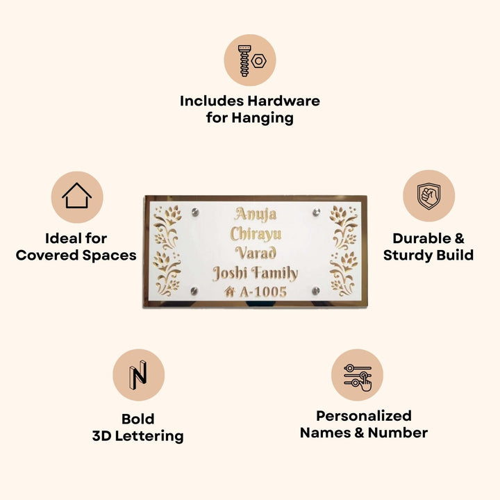 Personalized White And Gold Floral Theme Acrylic Name Plate - Front View with Personalization Example
