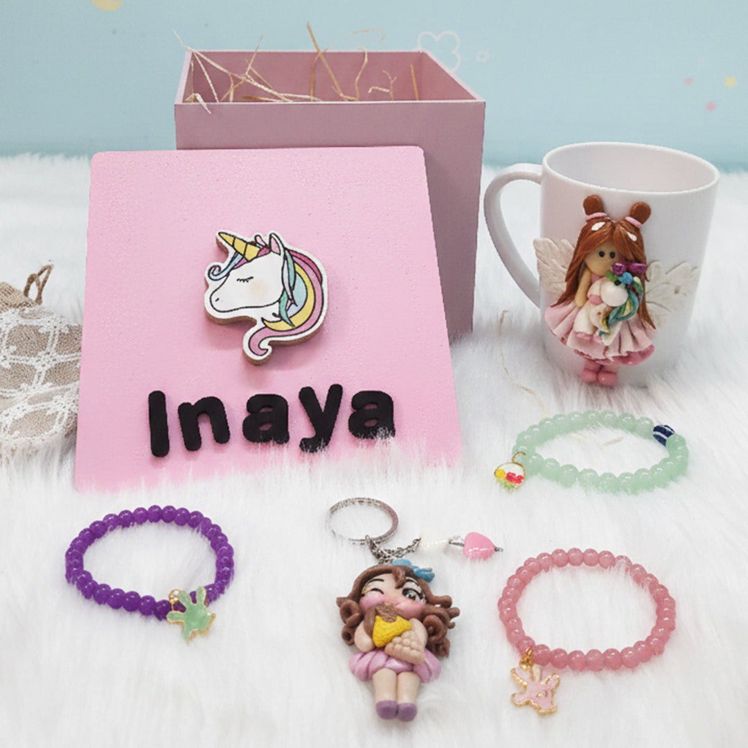 Unicorn Personalized Handmade Hamper | Includes 1 Box, 1 Mug, 1 Keychain, 1 Bracelet & 1 Potli