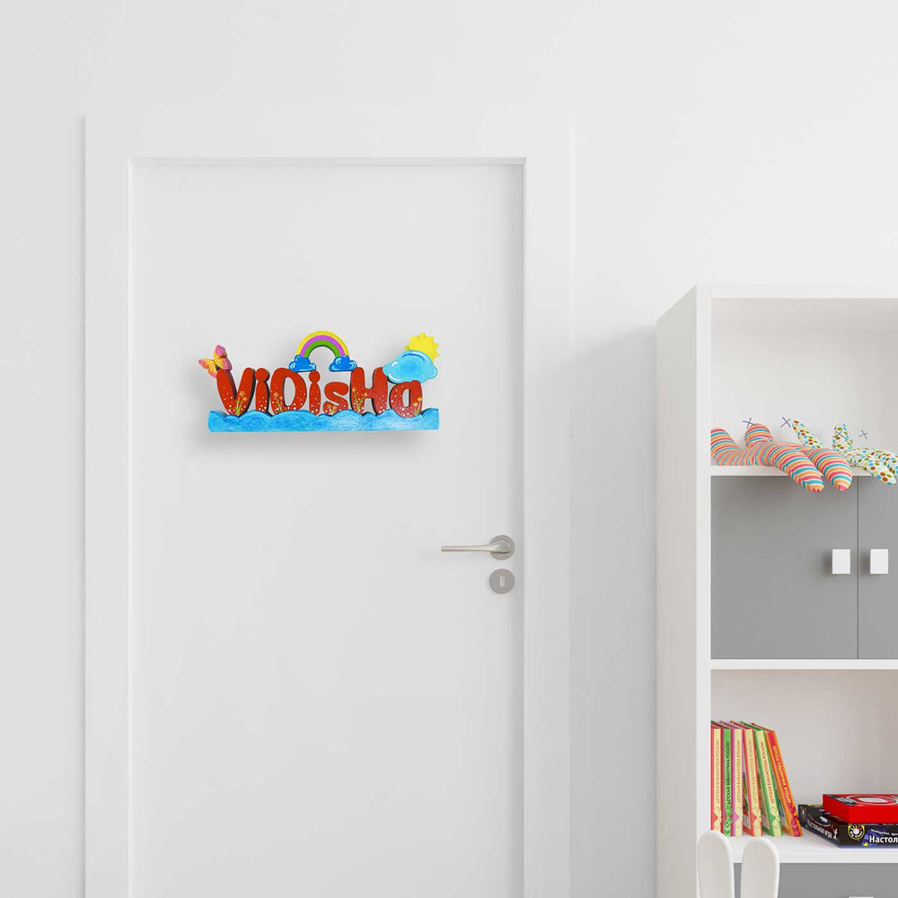 Handcrafted Personalized Beach Themed Name Block For Kids 1 - Mounted on Door Front View